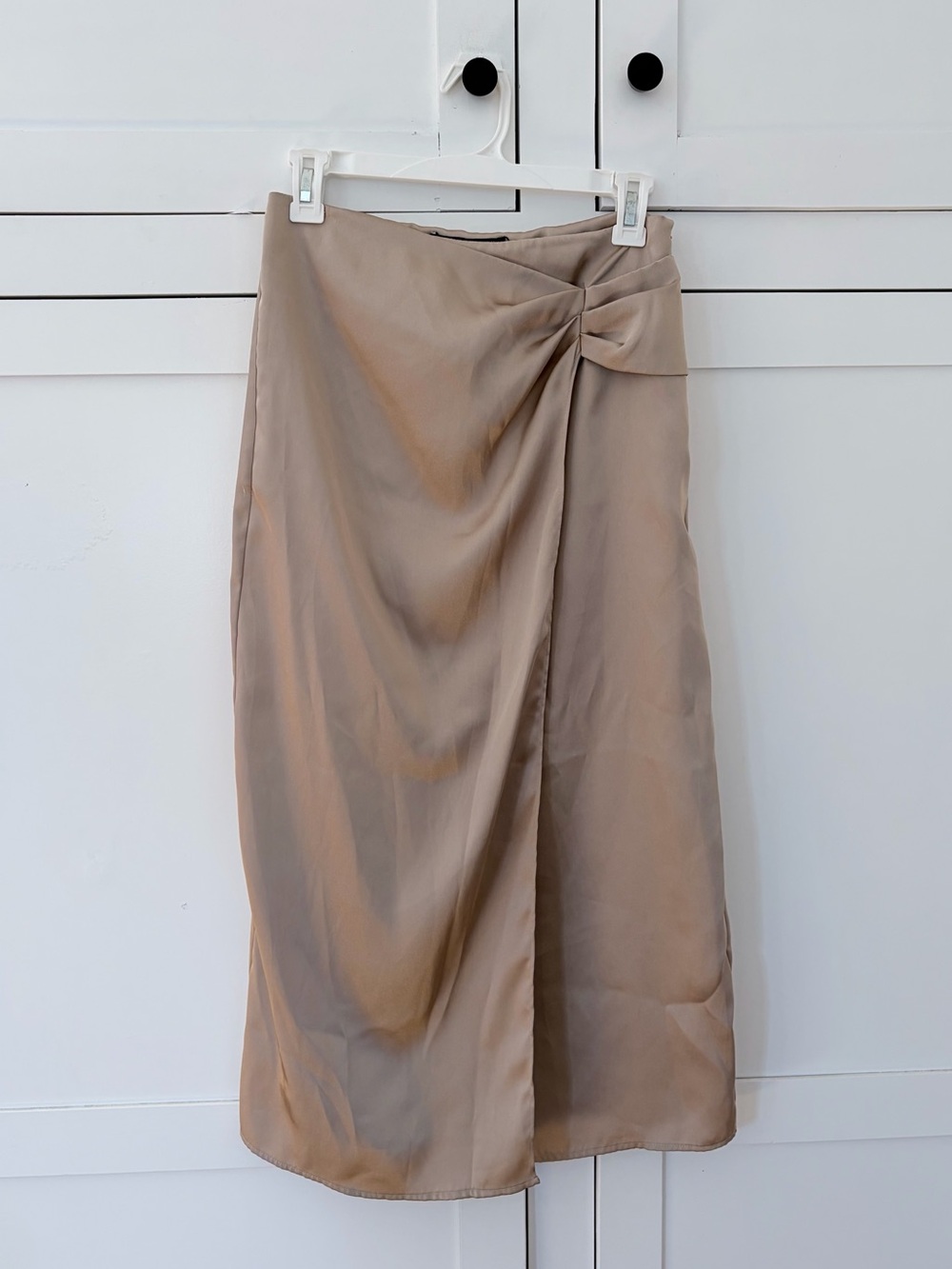 Zara Champagne Satin Midi Skirt With Slit Size Small